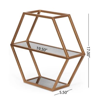 17" Lepley Modern Glam Handcrafted Glass 2 Shelf Hexagonal Decorative Shelf Antique Gold - Christopher Knight Home 6 17" Lepley Modern Glam Handcrafted Glass 2 Shelf Hexagonal Decorative Shelf Antique Gold - Christopher Knight Home - Image 6
