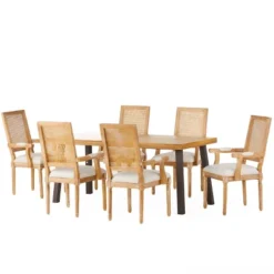 7pc Chatau Farmhouse Fabric Upholstered Wood And Cane Dining Set - Christopher Knight Home -Furniture Promotion Series GUEST 7583eeb0 54f9 4b3b a8bc e7d6098bf326