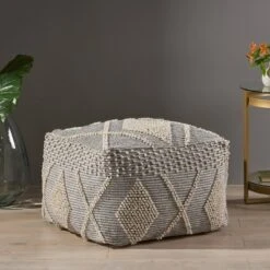 Brinket Large Contemporary Faux Yarn Pouf Ottoman Ivory/Gray - Christopher Knight Home -Furniture Promotion Series GUEST 7fc9b0cd 46a2 46de 8344 c4b73b860647