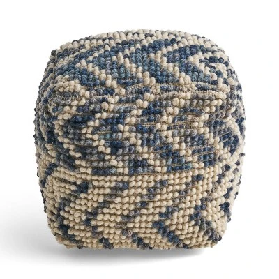 Freesia Boho Wool And Cotton Large Ottoman Pouf White/Blue - Christopher Knight Home 1 Freesia Boho Wool And Cotton Large Ottoman Pouf White/Blue - Christopher Knight Home