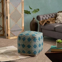 Oyabe Boho Cube Pouf Beige/Teal - Christopher Knight Home