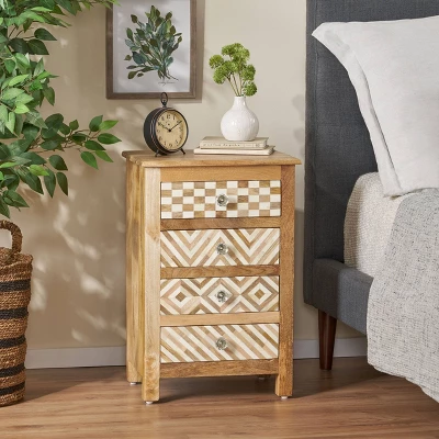 Sandia Handcrafted Boho 4 Drawer Mango Wood Nightstand Natural/White - Christopher Knight Home 1 Sandia Handcrafted Boho 4 Drawer Mango Wood Nightstand Natural/White - Christopher Knight Home