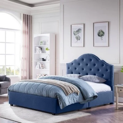 Queen Cordeaux Fully-Upholstered Bed Navy Blue - Christopher Knight Home 1 Queen Cordeaux Fully-Upholstered Bed Navy Blue - Christopher Knight Home