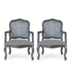 Set Of 2 Andrea French Country Wood And Cane Upholstered Dining Armchairs - Christopher Knight Home -Furniture Promotion Series GUEST bdad5f66 0f30 4502 950c c9a2e420e6d9