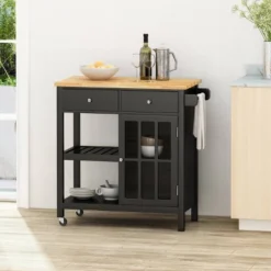 Byway Contemporary Kitchen Cart With Wheels Black/Natural - Christopher Knight Home