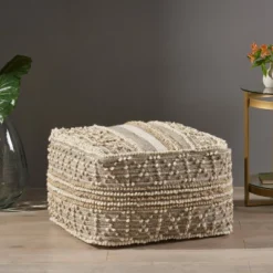 Bonita Large Contemporary Wool And Cotton Pouf Ottoman White/Beige - Christopher Knight Home -Furniture Promotion Series GUEST cac524e0 2c9e 4938 8158 bc3a0456d820