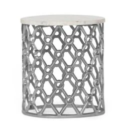 Lenhart Modern Glam Handcrafted Marble Top Aluminum Side Table Nickel/White - Christopher Knight Home