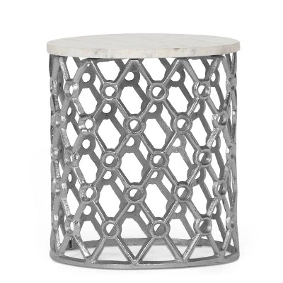 Lenhart Modern Glam Handcrafted Marble Top Aluminum Side Table Nickel/White - Christopher Knight Home 1 Lenhart Modern Glam Handcrafted Marble Top Aluminum Side Table Nickel/White - Christopher Knight Home