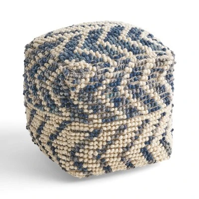 Freesia Boho Wool And Cotton Large Ottoman Pouf White/Blue - Christopher Knight Home 2 Freesia Boho Wool And Cotton Large Ottoman Pouf White/Blue - Christopher Knight Home - Image 2